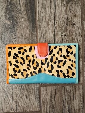 Leopard Print Colorblock Wallet - Turquoise, Orange & Pink Accents